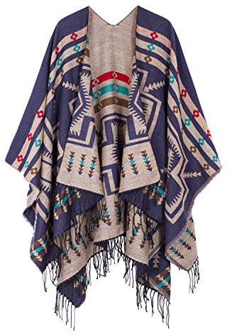 Damen Warm Schals Wraps Open Front Cardigan Vintage Muster Poncho Cape Pullover Mantel, 1 Marineblau