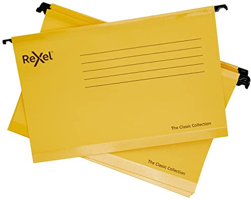 Rexel Classic Foolscap Reinforced Suspension Files for Filing Cabinets, 15 mm V base, 100 Percent Recycled Card, Yellow, Pack of 25, 2115593