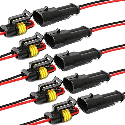 YETOR Conector de Cable Enchufe Impermeable,Conector macho de 2 pines Conectores eléctricos con cable 16 AWG Marine para conexiones de automóviles, camiones, barcos y otros cables. (5pack)