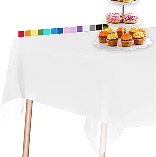 PartyWoo Tischdecke Weiß, 137 x 274 cm/ 54 x 108 Zoll Rechteckige Party Tischdecke Abwaschbar für 6 bis 8 Fuß Tisch, Tischtuch, wasserdichte Tischdecke für Party, Geburtstag, Hochzeit (1 STÜCK)