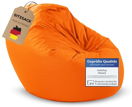 BuBiBag 2in1 Sitzsack L - XXL mit Füllung für Kinder & Erwachsene, Gaming Beanbag & Bodenkissen für Indoor & Outdoor Sessel Pflegeleicht & Wasserabweisend 2XL UNIVERSELL (Ø 145 cm Neonorange)