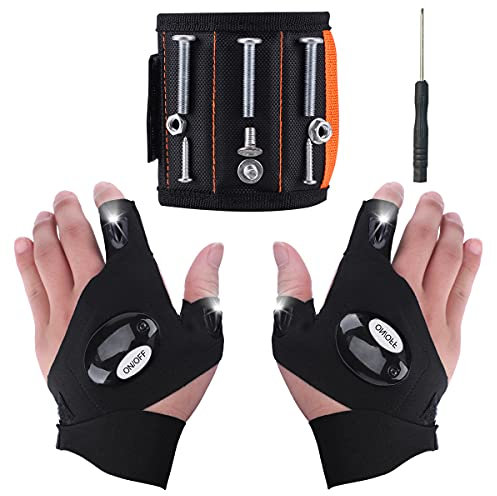Magnetic Wristband with LED Flashlight Gloves, 15 Strong Magnets Tool Belt and Fingerless Outdoor Light Gloves for Working Cool Gifts for Men, DIY Handyman, Husband, Boyfriend Tool Gadgets for Men