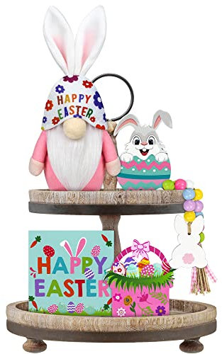 5 Stück Osterzwerg gestuftes Tablett Dekor (Tablett nicht im Lieferumfang enthalten) – Zwerge Plüsch, Happy Easter Egg Mini Holzschild, Holzhase Perlengirlande – Frühling Ostern Geschenk, Ostertag