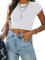 REORIA Damen einfarbiges T-Shirts kurzärmelig hochgeschlossen doppelt gefüttert eng anliegend Crop Tops Weiß S