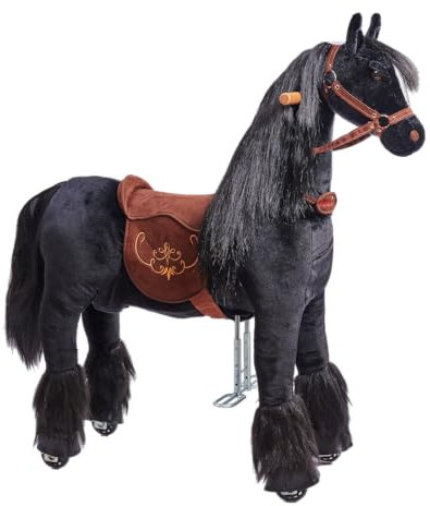 Ponnie Reitpferd mit Rollen Ebony M (5-12 Jahre), Spielpferd zum Reiten mit Abnehmbarer Braun Sattel und Halfter mit Zaumzeug, Kämmbare Mähne und Schwanz, Plüschpferd zum Reiten für Kinder