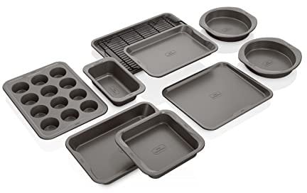 Ninja B39010 Foodi NeverStick Premium 10-Piece Bakeware Sheet Set, Oven Safe up to 500⁰F, with (2) Baking Sheets, Cookie Sheet, Loaf Pan, Muffin Pan, (4) Cake Pans & Cooling/Roasting Rack, Grey
