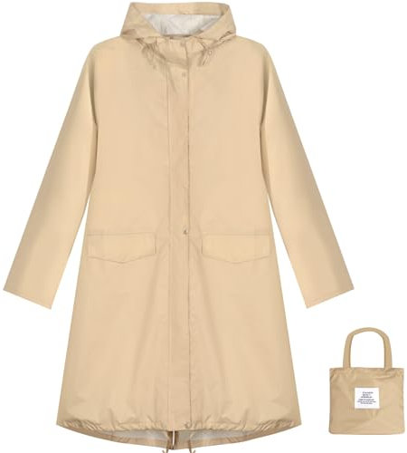 ANYOO Veste de Pluie Imperméable pour Femmes avec Capuche, Manteau de Pluie Léger et Long, Coupe-vent et Trench,Kaki,Taille unique