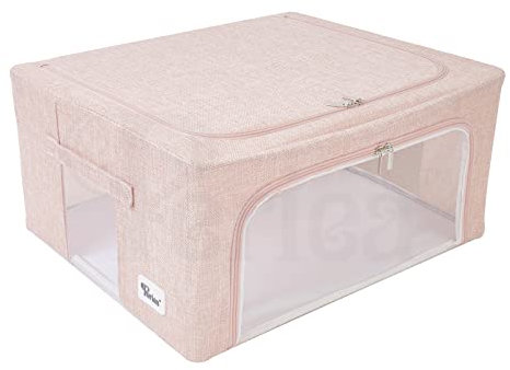 Periea ‘Beau’ Folding Collapsible Stackable Fabric Home Storage Boxes with Steel Frames (Light Pink Hemp, Medium)