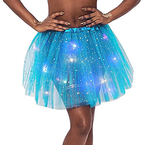 Ruiuzioong Damen Tüllrock Klassisch Tutu Faltenrock Sterne Pailletten Prinzessin Rock Mit LED Kleine Birne,für Dress Up Party Ballett Tanzen (Blau)