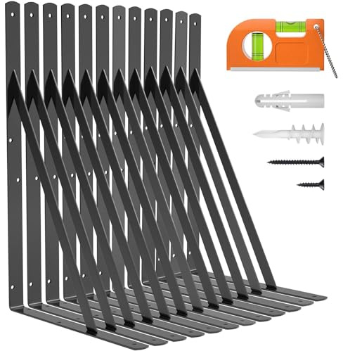 LuckIn 12-Pack Heavy Duty Shelf Bracket 18 Inch, Fit for 18 20 24 Inch Floating Shelves, L Brackets with 90 Degree Triangle, 250 LBS Max Load, Mounting Hardware Included, Black