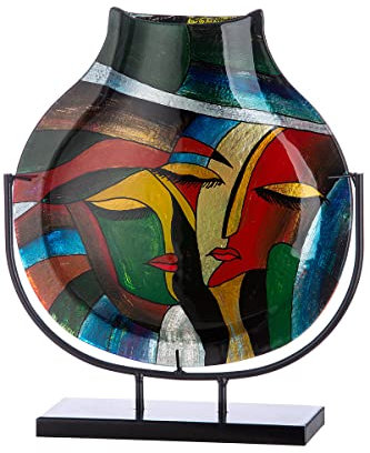 GILDE GLAS art Deko Vase auf schwarzem Metall Ständer - Gesicht Face - Kunstobjekt handbemalt - Mehrfarbig Höhe 40 cm