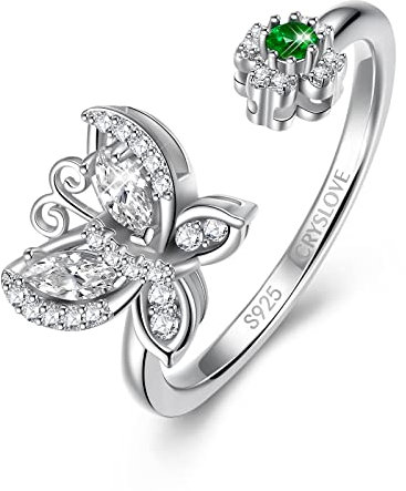 CRYSLOVE 925 Sterling Silber Angst Ringe Spinner Anxiety Ring Damen Fidget CZ Offener Verstellbare Schmetterling Bandringe Anti Stress Ring Schmuck Mit Geschenkbox