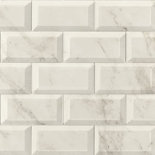 Metro Beige Marble Ceramic Wall Tile Subway Brick Effect with Bevelled Edges, Kitchen Bathroom Tiles, Gloss Finish, 1m2, Box of 50 – 100mm x 200mm