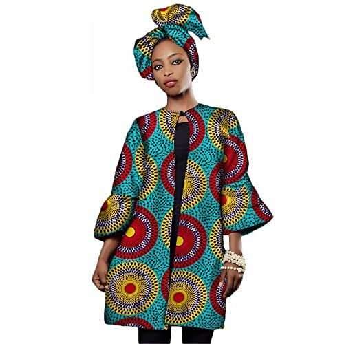 XIAOHUAGUA Afrikanische Damenbekleidung, bedruckt, vorne offen, Bluse, Jacke, Mantel, Outwear mit Kopftuch, Afrika-Kleidung, T3, X-Large