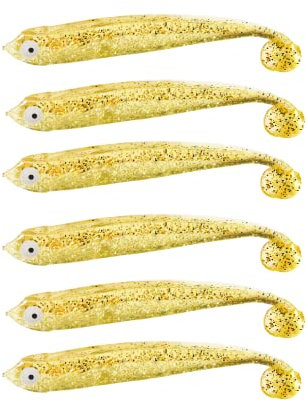 ZANDERKANT - Angelköder - Gummifische - Kauli - 2 Packungen je 3 Stück - Goldglitter - 12cm - Greifer 3/0 - schwimmend
