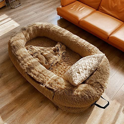 SHENJIA Großes menschliches Hundebett, Sitzsack-Bett für Erwachsene, Kinder und Haustiere, bequemes Plüsch, große Hundebetten mit Memory-Schaum, mit Kissen und Decken, Braun