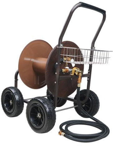 Boersite Stainless Steel Garden Hose Reel Cart Heavy Duty Portable Hose Holder with Basket 4 Solid Wheels Water Hose Storage Cart for Watering Garden/Yard/Lawn/Farm（Wood Grain Color）