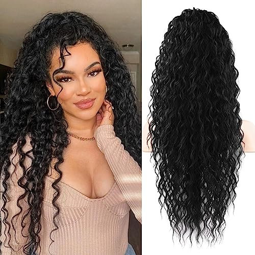 FLUFYMOOZ Ponytail Extension Pferdeschwanz Verlängerung, 66 cm Pferdeschwanz Haarverlängerung im Bohemian-Stil mit Kordelzug für Frauen, langer, lockiger, gewellter Pferdeschwanz(66 cm Naturschwarz)