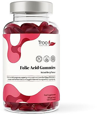 Troo Health Care Folic Acid 400μg Gummy Prenatal Supplement - 120 Natural Berry Flavour Gummies to Support Health Pregnancy & Foetus Development - No Common Allergens or GMO
