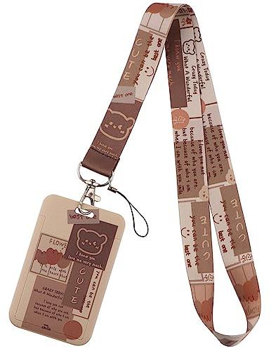 Niedlicher Bär ID Lanyard mit Kartenhalter Braun Preppy Keychain Lanyard Be Kind Neck Strap Lanyard Clip für Schlüssel ID Abzeichen Lehrer Studenten Kinder Frauen Mädchen
