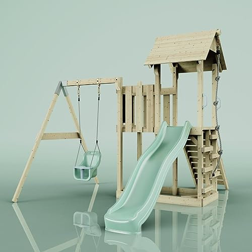 Rebo Spielturm mit Wellenrutsche und Baby-Schaukel | Outdoor Klettergerüst Garten mit Plattform | Kletterseil und Kletterleiter | Stabile Konstruktion, Weiches Gefühl in den Seilen