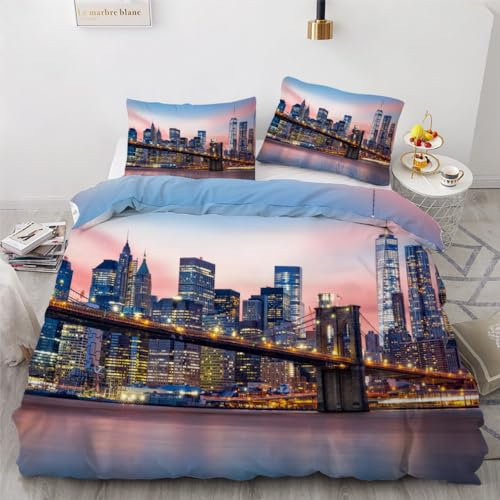 ROUSKI Bettwäsche New York 135x200 cm 2teilig 100% Mikrofaser Kinderbettwäsche Stadt Landschaft Wendebettwäsche mit Reißverschluss 3D Motiv Zimmer Dekor Bettwäsche-Sets mit Kissenbezüge 80x80