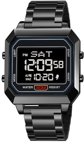 zolohoni Reloj Digital para Hombre, Relojes Cuadrados de Acero Inoxidable, Relojes de Pulsera Digitales para Hombre, Resistente al Agua, Reloj de Doble Hora y Fecha