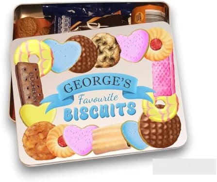 Large Personalised Biscuit Tin gift for mum dad nana grandad friend with cute biscuit characters custard cream, bakewell, iced ring, gingernut