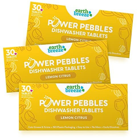 Earth Breeze Power Pebbles Spülmaschinentabs - 30 Spülmaschinentabs (3er Pack) - Insgesamt 90 Tabletten/Ladungen - Entfernt Fett und Schmutz - Einfache Anwendung - Zitrone Zitrusfrüchte