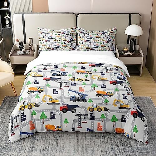 Loussiesd Baustelle Bettbezug Set Bagger LKW Traktor 100% Baumwolle Bettwäsche Set 220x240cm für Kinder Jungen Mädchen Karikatur Auto Betten Set Stadt Straße Transport