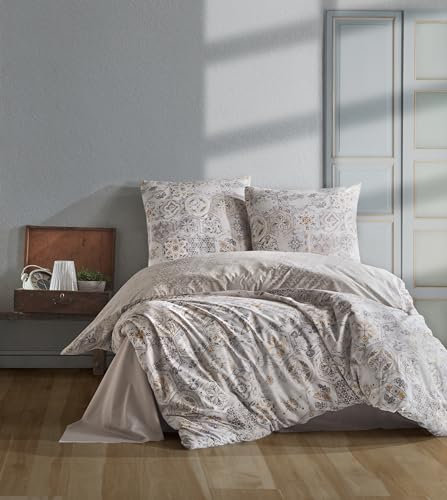 ZIRVEHOME Bettwäsche-Set 155x220 cm, 4-teiliges, Baumwolle Renforcé, Beige/Grau - Bettbezug & Kissenbezug (80x80 cm), Geometrisches Design in Grau, Beige, Blau & Gelb, Mosaikmuster, Hernes