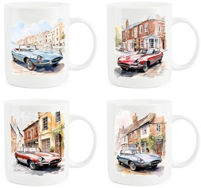Purely Home Vintage Jag E-Types Mugs Set - Painted Watercolour Classic Sports Cars Gift Set for Car Lovers - White Tea Coffee Drinks Bone China Mug Present Pack of 4