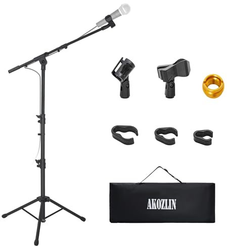 Mikrofonständer, Höhenverstellbarer Mikrofonstativ, Klappbarer Bodenständer mit Stativ, mit Tragetasche und 2 Mikrofonklammern, Microphone Stand für Gesang, Karaoke, Konzerte und Bühnenauftritte