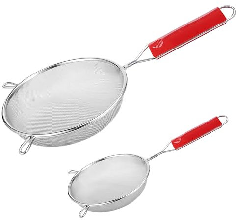 Unify 2 coladores de sopa y jugo de acero inoxidable para uso en cocina, chalni de sopa grande con mango rojo, uso de arroz y jugo (tamaño 4, 6 de diámetro, 11 cm, 16 cm, juego de 2, plateado)