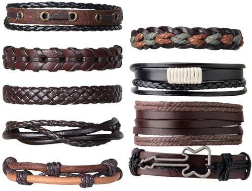 YSJCHEBS 9 st läderarmband set, läderarmband för kvinnor och män, flätat armband, justerbart, unisex, brun