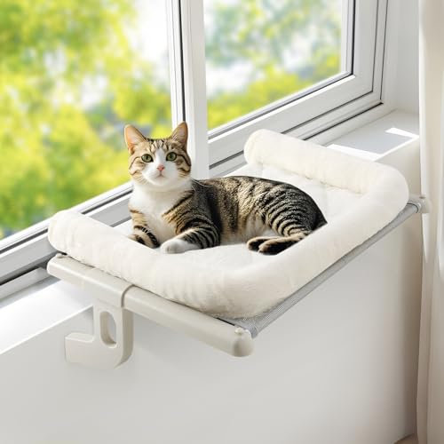 GUUSII HOME Cat Hammock Window Perch Seat Kitten Hanging Bed Windowsill for Indoor Large Pet Shelf Sturdy Kitty Lounger Washable Cushion Easy to Assemble No Drilling Hold 18kg 55 * 38cm(White, S)