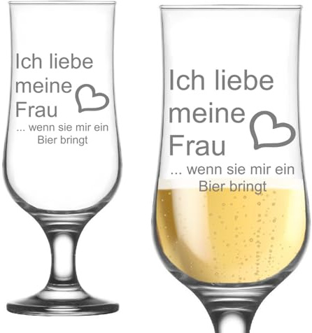 Bierglas Ich liebe meine Frau, wenn sie mir Bier bringt, graviert, 385ml, 19cm – lustiges Geschenk für Männer