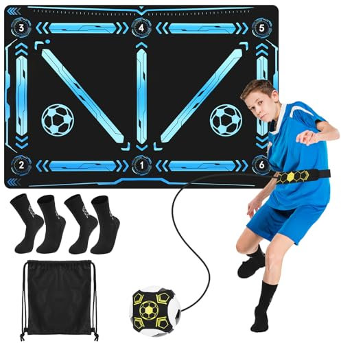 Fußball Matte Ballkontrolle, 60 x 90cm Fußball Trainingsmatte mit Verstellbarer Hüftgurt Fuß ball,2 Paar Socken, Aufbewahrungstasche, Kinder Fuß ball Training Zubehör Geschenke für Fußballliebhaber