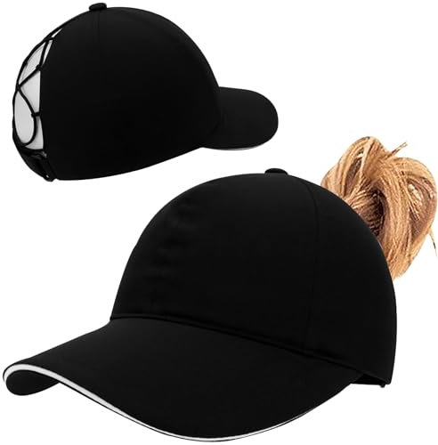 Enwokran Damen Pferdeschwanz Mütze, überkreuzte Baseballkappe Hohe Messy Bun Ponykappe Schnell Trocknende Mütze mit Pferdeschwanz Loch UV-Schutz Sommer Sonnenhut Outdoor Sportkappe (Schwarz)