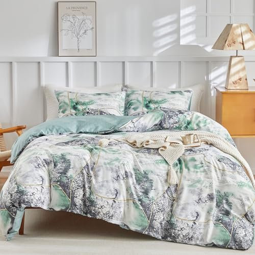 Lekesky Bettwäsche-Set für Doppelbett 240 x 220 cm, 3-teiliges Bettwäsche-Set aus Mikrofaser mit Aquarellmuster, bestehend aus 1 Bettbezug 240 x 220 cm + 2 Kissenbezüge 50 x 80 cm, Marmorgrün