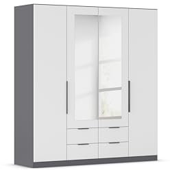 Rauch Möbel Belfast Kleiderschrank, Schrank, Garderobe, Organizer, 4-türig, mit Spiegel, 4 Schubladen, Farbe Weiß/Grau metallic, Schwarz, Kurze Griffleisten Grau metallic, 181x197x54cm