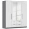 Rauch Möbel Belfast Kleiderschrank, Schrank, Garderobe, Organizer, 4-türig, mit Spiegel, 4 Schubladen, Farbe Weiß/Grau metallic, Schwarz, Kurze Griffleisten Grau metallic, 181x197x54cm