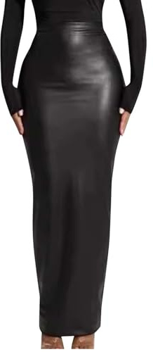 FGVFCS Damen Röcke Lackleder Rock Lang Stretch Abendskorts Bodycon Maxi Elegant Wetlook Sexy Hohe Taille PU Leder Skorts Party Clubwear Schwarz Weiß Rock Skinny Bleistift Unterröcke, Black50, L