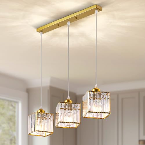 Warmiehomy Modern Crystal Chandelier 3 Lights, Hanging Lights Adjustable Height, E27 Pendant Ceiling Light for Kitchen Island, Living Room, Bedroom, Hallway,Square,L50*W15*H120cm(Gold)
