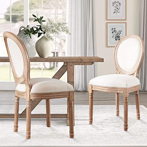 6er Set Französische Country Esszimmerstühle Beige Stoff Bauernhaus Stühle mit runder Rückenlehne Massivholzbeine Ideal für Wohnzimmer, Schlafzimmer, Küche & Esszimmer