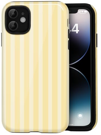 Amzfield Case for iPhone 12/12 Pro, Striped Dual Layer Retro, Butter Yellow | Striped Lined Dual Layer Shockproof Retro Cute Girly for Girl Women Drop Protection Precise Cutouts Impact Resistant Artistic