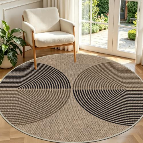 Capslpad Teppich Rund 160cm, Jute Aussehen Outdoor Teppich, Waschbar rutschfest Natürlich Teppiche für Wohnzimmer, Balkon, Terrasse, Küche, Garten, Farbe:Schwarz Braun