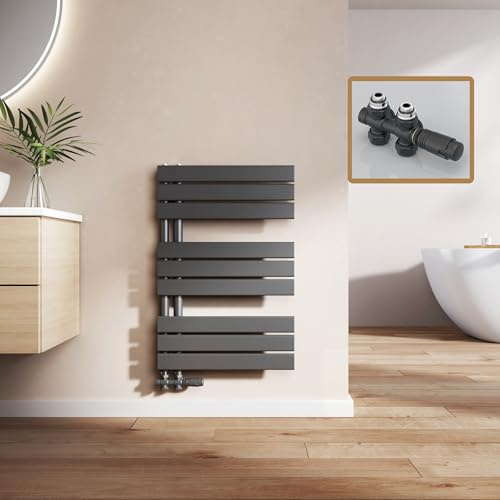 EMKE Badheizkörper mit Multiblock 762x500 mm, Flach Handtuchheizkörper mit Seitenanschluss, Effizienter Handtuchwärmer Handtuchtrockner Heizkörper für Bad, Schwarz, 397W