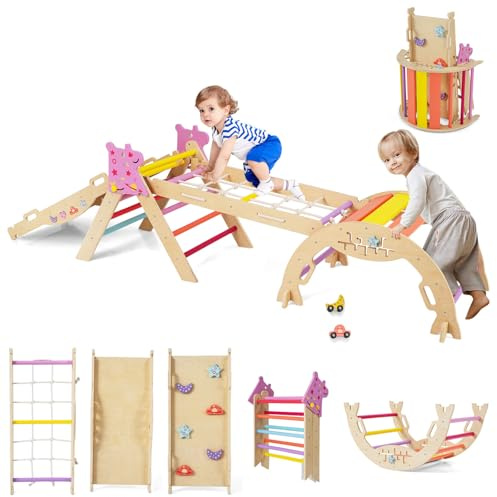 DREAMADE 9 en 1 Triangle Arche d'escalade Montessori en Bois Hêtre, Jeux d'escalade Pliable pour Enfants, Parcours Motricité Bébé, Charge Max. 50kg (Multicolore)