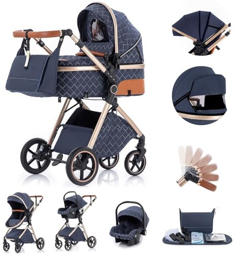 Gcarebb 3 in 1 Kinderwagen Reisesystem, Buggy Mit Auto Babyschale, Reisewagen mit höhenverstellbarem Griff, Kinderwagen mit Regenschutz und Aluminiumrahmen für Neugeborene